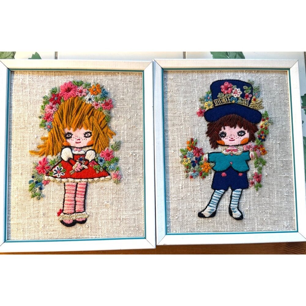 Vintage 1975 Signed Framed Embroidered Children Wall Art Pair Floral